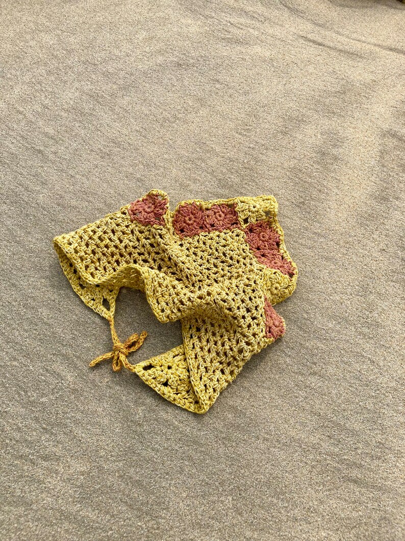 Bandana crocheted plant-dyed hemp yarn yellow granny squares hair towel handmade gift summer girlfriend sun protection hair gentle cloth image 5