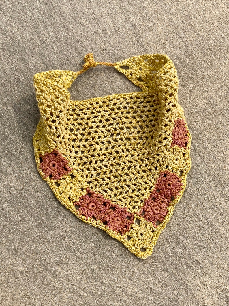 Bandana crocheted plant-dyed hemp yarn yellow granny squares hair towel handmade gift summer girlfriend sun protection hair gentle cloth image 7