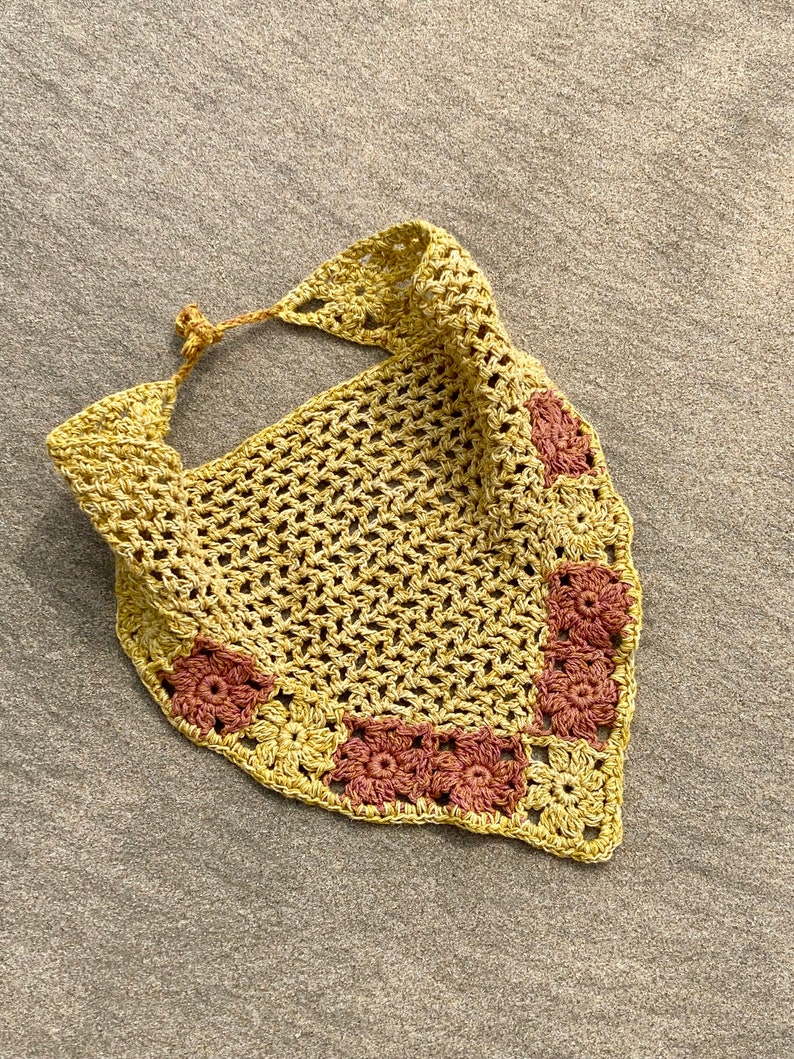 Bandana crocheted plant-dyed hemp yarn yellow granny squares hair towel handmade gift summer girlfriend sun protection hair gentle cloth image 6