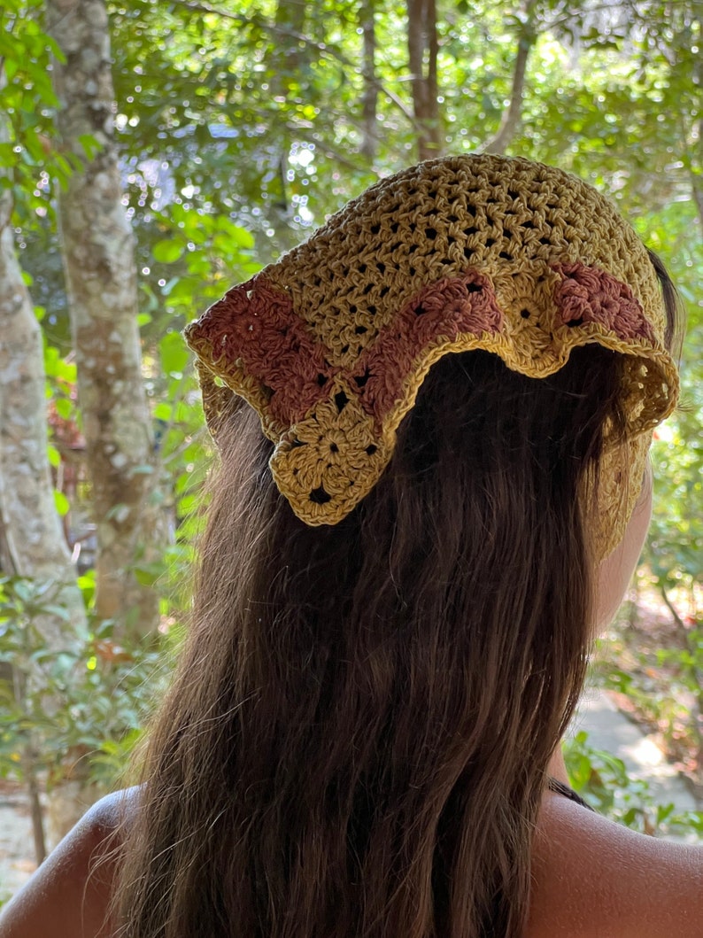 Bandana crocheted plant-dyed hemp yarn yellow granny squares hair towel handmade gift summer girlfriend sun protection hair gentle cloth image 10