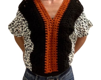 Crocheted top V-neck, poncho top natural colors, crocheted vest