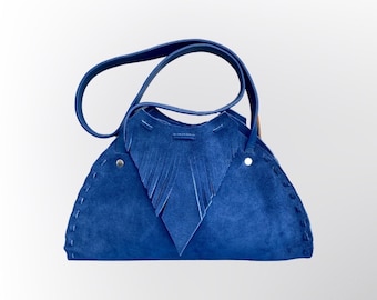 Bag suede blue medium-sized gift girlfriend unique piece dark blue handbag ladies bags leather gift birthday woman hippie