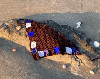 Bandana crocheted brown blue white granny square flowers scarf hair beach sun protection triangular scarf handmade milk cotton hair gentle