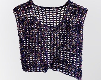 Crocheted vest with a beautiful lace pattern in stylish retro colors