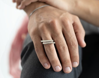 May include: A silver ring with two parallel bars on the band. The ring is worn on the middle finger of a person's hand.