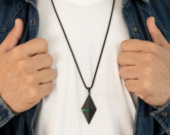 Black Pendant Emerald Necklace, Men's Necklace , Green Emerald Glass, Statement Pendant, Long Black Chain, Gift for Him, Gift for Her