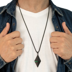 Black Pendant Emerald Necklace, Men's Necklace , Green Emerald Glass, Statement Pendant, Long Black Chain, Gift for Him, Gift for Her