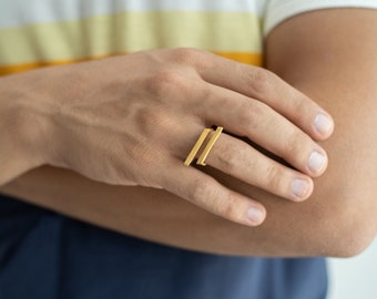 14K Gold Double Bar Ring, Gift for Him Her, Geometric Statement Ring, Adjustable Modern Band, Bold, Engagement, Minimal Trendy Present