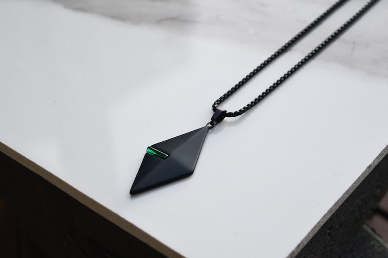 Black Pendant Emerald Necklace, Men's Necklace , Green Emerald Glass, Statement Pendant, Long Black Chain, Gift for Him, Gift for Her 