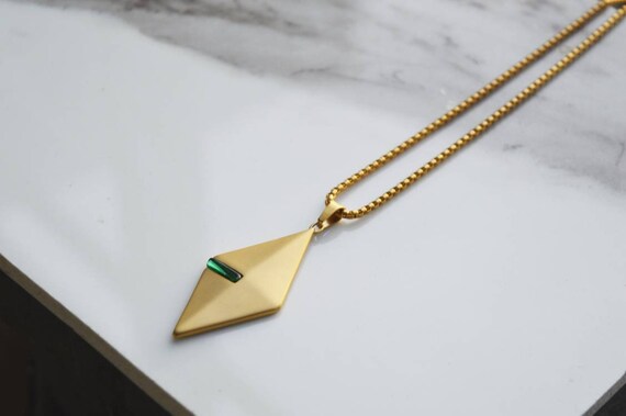 Men's Gold Necklace Emerald Necklace 