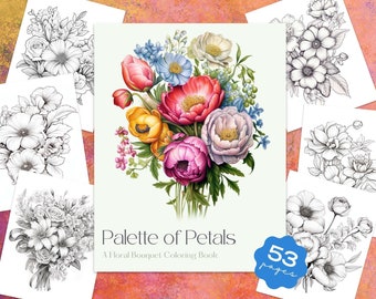Paleta de pétalos, libro para colorear imprimible, hojas para colorear de ramos de flores, páginas para colorear de flores