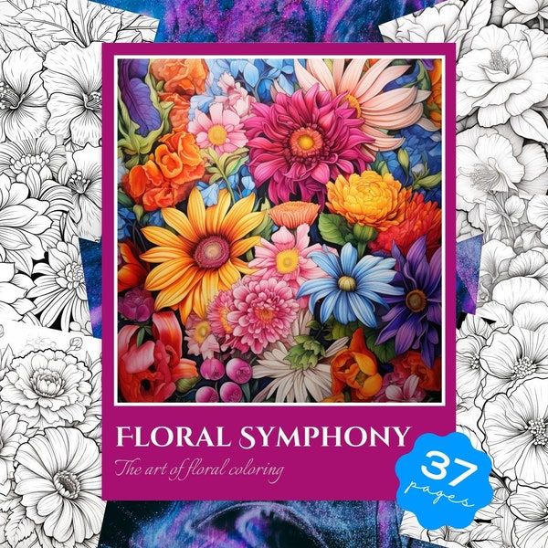 Floral Symphony Printable Coloring, Coloring Print, Coloring Book, Floral Coloring Sheets, Flower Adult Coloring