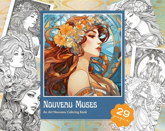 Nouveau Muses - Art Noveau Adult Coloring Book PDF - Instant Download Coloring Pages - Inspired by Alphonse Mucha
