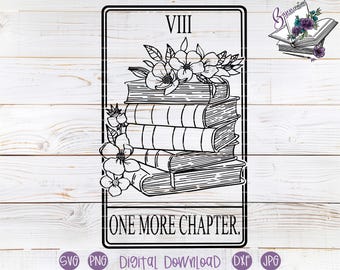 May include: Black and white illustration of a stack of books with floral accents, framed by a rectangular border. The text "VIII" is at the top, and "ONE MORE CHAPTER" is at the bottom. Digital download file formats are listed below.