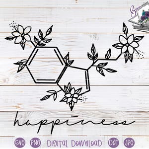 CricutとSilhouette用の花柄セロトニン化学記号SVGカットファイル | 昇華デザイン | ハッピーホルモン、セーター、花、線画
