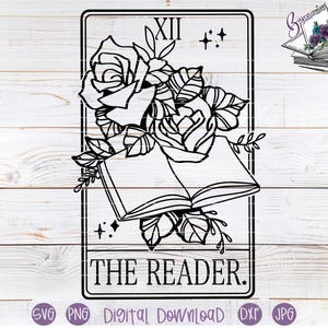 May include: Black and white digital download design featuring a tarot card illustration. The card depicts an open book with roses and leaves, labeled "THE READER" at the bottom. The top of the card has the Roman numeral "XII".