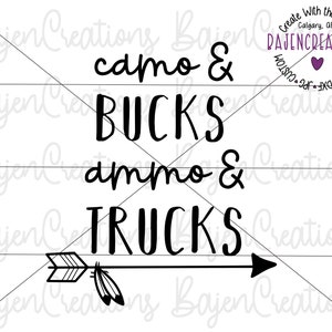 Camo and Bucks Ammo und Trucks SVG und DXF Dateien, Baby Body, Jagd, Eisentransfer