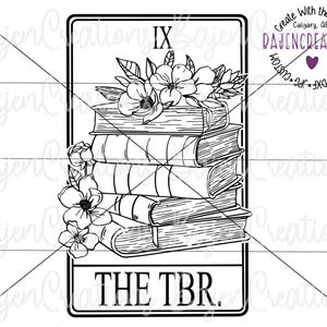 La carte de tarot TBR SVG coupe des fichiers pour Cricut et Silhouette | Pile de livres à lire | Livres | Chemise de lecture, gobelet, tasse, pull
