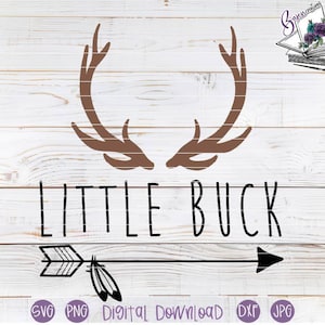 May include: A brown antler design above the words "LITTLE BUCK" with an arrow pointing right. The design is on a white wood-grain background. The bottom of the image includes file type icons.