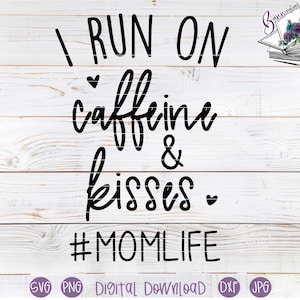 Puede incluir: Un fondo de madera blanco con el texto "I RUN ON caffeine & kisses #MOM LIFE" en escritura negra. Una pequeña ilustración de un libro con flores está en la esquina superior derecha. Debajo del texto hay iconos de tipo de archivo.