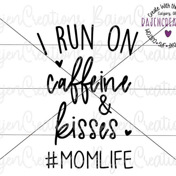 I run on Caffeine and kisses #momlife SVG cut files for Cricut and Silhouette, Shirt iron transfer, travel mug, tumbler decal