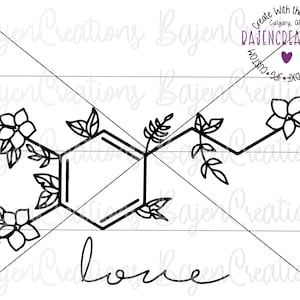 File di taglio SVG del simbolo chimico della dopamina floreale per Cricut e Silhouette / Design a sublimazione / Ormone dell'amore, maglione, fiori, disegno al tratto