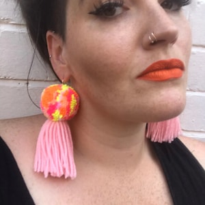 Neon Pastel Pom Pom Tassel Earrings//Statement Earrings//Pom Poms