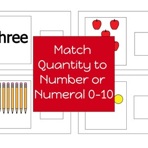Peut inclure: Une carte rouge avec le texte "Match Quantity to Number or Numeral 0-10". Il y a quatre carrés blancs avec des images à l'intérieur. Le carré en haut à gauche contient le mot "three". Le carré en haut à droite contient quatre pommes rouges. Le carré en bas à gauche contient dix crayons jaunes. Le carré en bas à droite est vide.