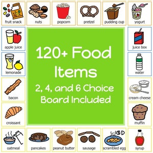 Op de afbeelding: Een kleurrijk schema met meer dan 120 voedingsmiddelen, waaronder appelmoes, een reep, kaas, chips, crackers, viscrackers, fruitsnack, noten, popcorn, een pretzel, een puddingbeker, yoghurt, appelsap, limonade, spek, croissant, havermout, pannenkoeken, pindakaas, worst, roerei, siroop, toast, wafels, cheeseburger, kip, kipnuggets en een kipsandwich. Het schema bevat ook de tekst "120+ Voedingsmiddelen", "2, 4 en 6 keuzebord inbegrepen", "sapdoos", "water", "roomkaas", "muffin".