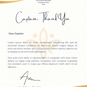 Carta de agradecimento personalizada para o capitão do cruzeiro.