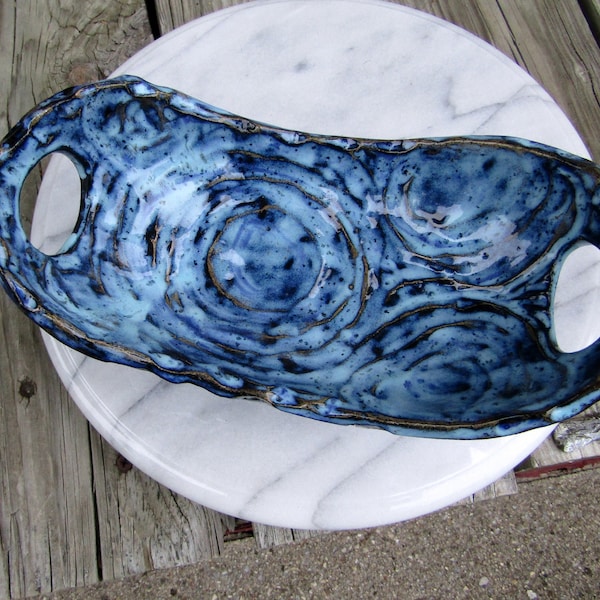 Hand Built Pottery Bread Bowl or Fruit Bowl in Aqua Blue