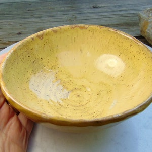 May include: A yellow ceramic bowl with a speckled glaze. The bowl has a rounded shape and a slightly flared rim.