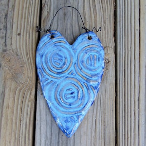 Heart Shaped Ornament for a Christmas Tree or Wall Decoration - Carved Doodles on Pottery Heart in Aqua Colors