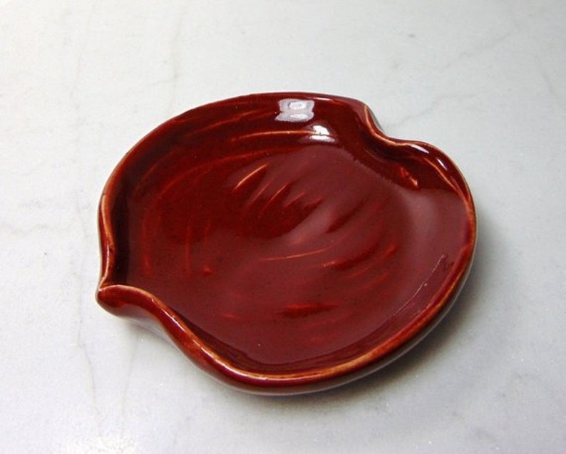 Pottery Spoon Rest Crimson Red Wheel Thrown Heart Shaped Spoon Rest