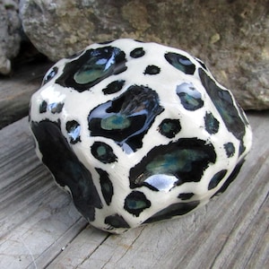 May include: A ceramic decorative rock with a white base and black and teal spots. The rock has a glossy finish and an irregular shape. The rock is sitting on a wooden surface.