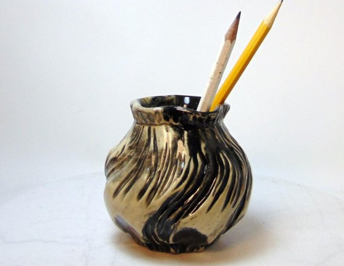 Wheel Thrown Pottery Pencil Holder or Small Flower Vase - Carved ...
