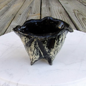 May include: A small, handmade ceramic pot with a black interior and a textured exterior. The exterior features a cream-colored, organic pattern against a black background. The pot has three small feet and a wavy rim. This decorative piece is suitable for small plants or as a unique accent.