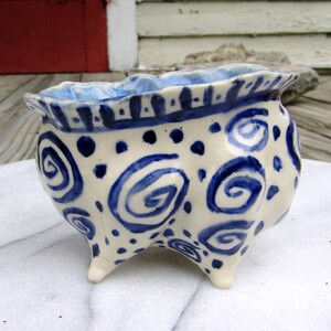 Pottery Hand Built Pinch Pot Planter with Sgraffito Tribal Patterns