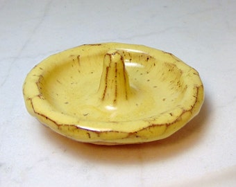 Wheel Thrown Pottery Ring Holder in Yellow that has been Hand Carved