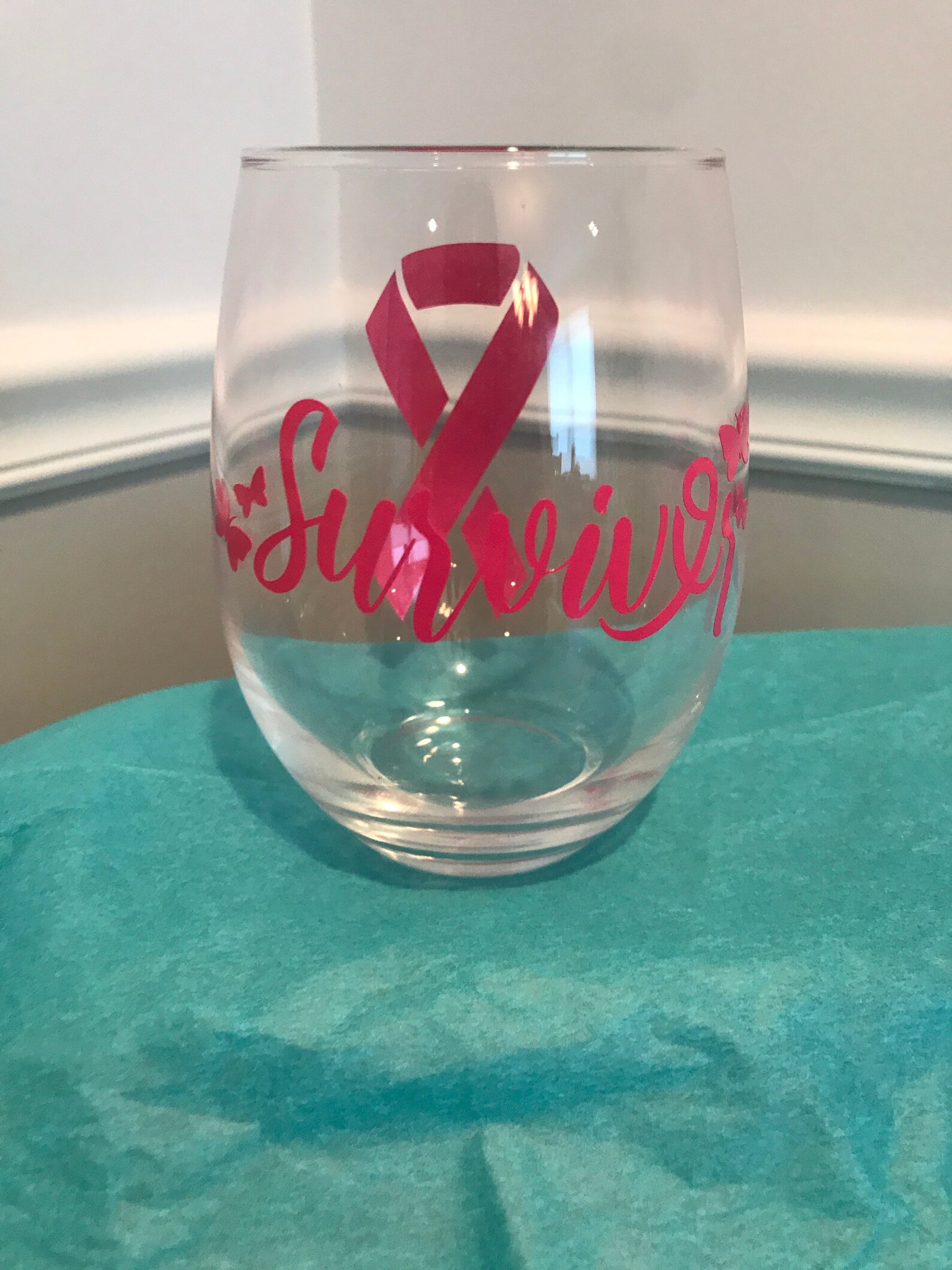 Custom Stemless Wine Glass. Breast Cancer Ribbon. Survivor Etsy