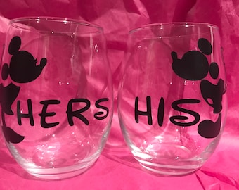 His and Hers Mickey and Minnie Disney Stemless Wine Glasses - Engagement, Wedding, Party Mr and Mrs..(All Pronouns Available)