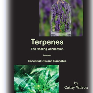 Può includere: Copertina del libro intitolata "Terpeni: La connessione curativa tra oli essenziali e cannabis". Mostra una bottiglia di lavanda e una pianta di cannabis. Autore: Cathy Wilson.