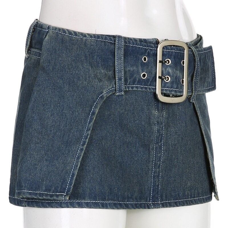 Y2K Denim Mini Belted Skirt - Etsy