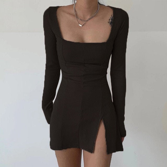 Long Sleeve Split Mini Dress 