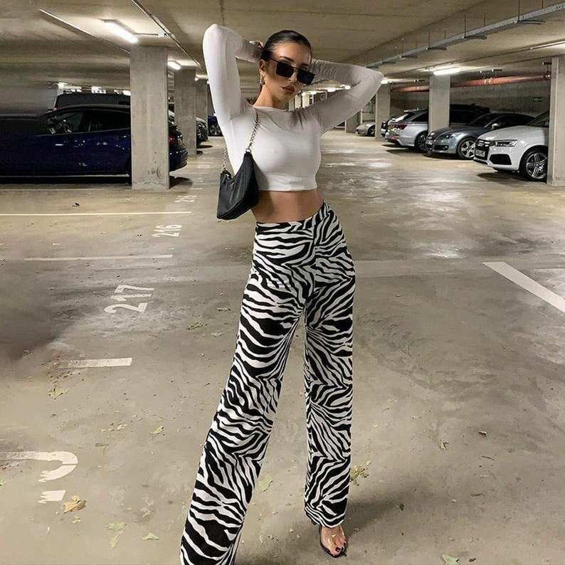 Y2K Zebra Print High Waist Flare Trousers 