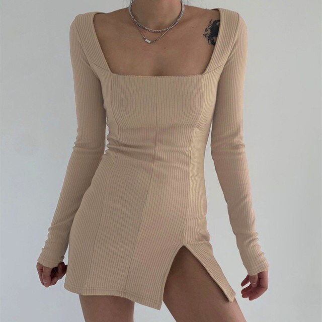 Y2K Black/nude Ribbed Square Neck Long 