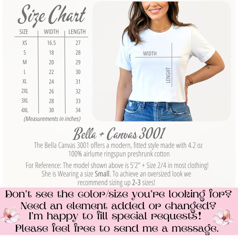 Peut inclure: Tableau des tailles pour les t-shirts Bella + Canvas 3001, indiquant les mesures de largeur et de longueur en pouces pour les tailles XS &agrave; 4XL. Le tableau comprend un mannequin portant une taille Small, et une note indiquant que le mannequin mesure 5'2" de haut. Le texte recommande &eacute;galement de prendre une taille sup&eacute;rieure de 2 &agrave; 3 tailles pour un look surdimensionn&eacute;.