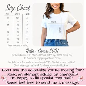 May include: Size chart for Bella + Canvas 3001 t-shirts, showing width and length measurements in inches for sizes XS to 4XL. The chart includes a photo of a white t-shirt on a model, with the words "Width" and "Length" labelled on the shirt. The text below the chart describes the t-shirt as a modern, fitted style made with 4.2 oz 100% airlume ringspun preshrunk cotton. The text also states that the model is 5'2" and wearing a size Small.