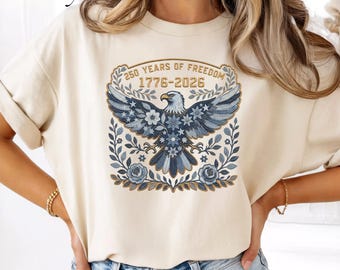 Comfort Colors® Faux Patchwork Denim Folk Art USA Eagle Shirt, 250 Years of Freedom, USA 250th Anniversary Patriotic Tee