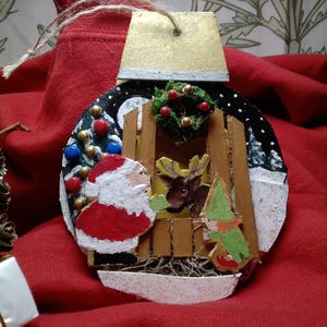 Wooden 3D Christmas ornament &quot;Santa feeding reindeer&quot;, wooden Santa ornament, wooden 3D ornament